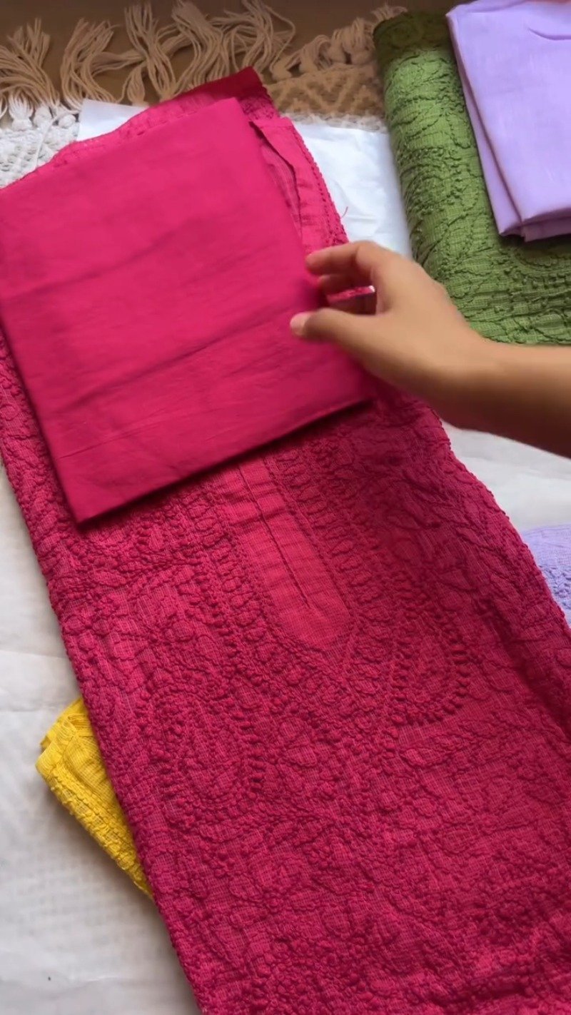 Exquisite Lucknowi Chikankari Embroidered Kurta Set – Available in Pink, Purple, Red, Green & Yellow - Image 3