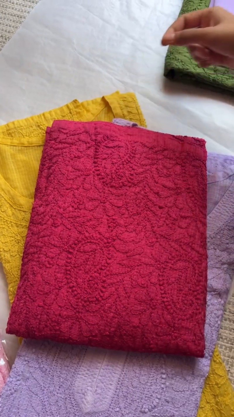 Exquisite Lucknowi Chikankari Embroidered Kurta Set – Available in Pink, Purple, Red, Green & Yellow - Image 4