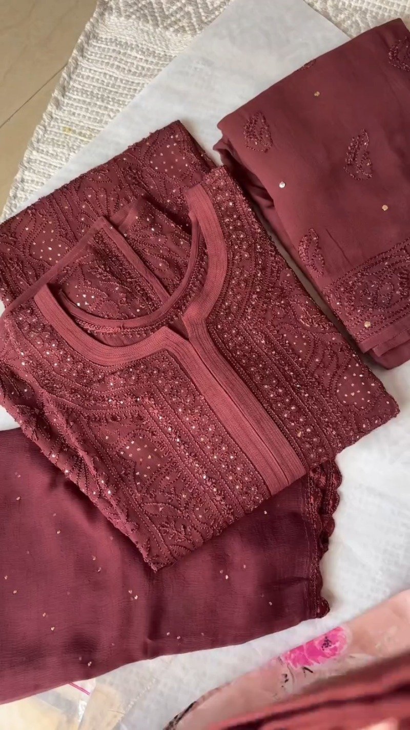 Enchanting Maroon Chikankari Embroidered Kurta Set with Embellished Dupatta