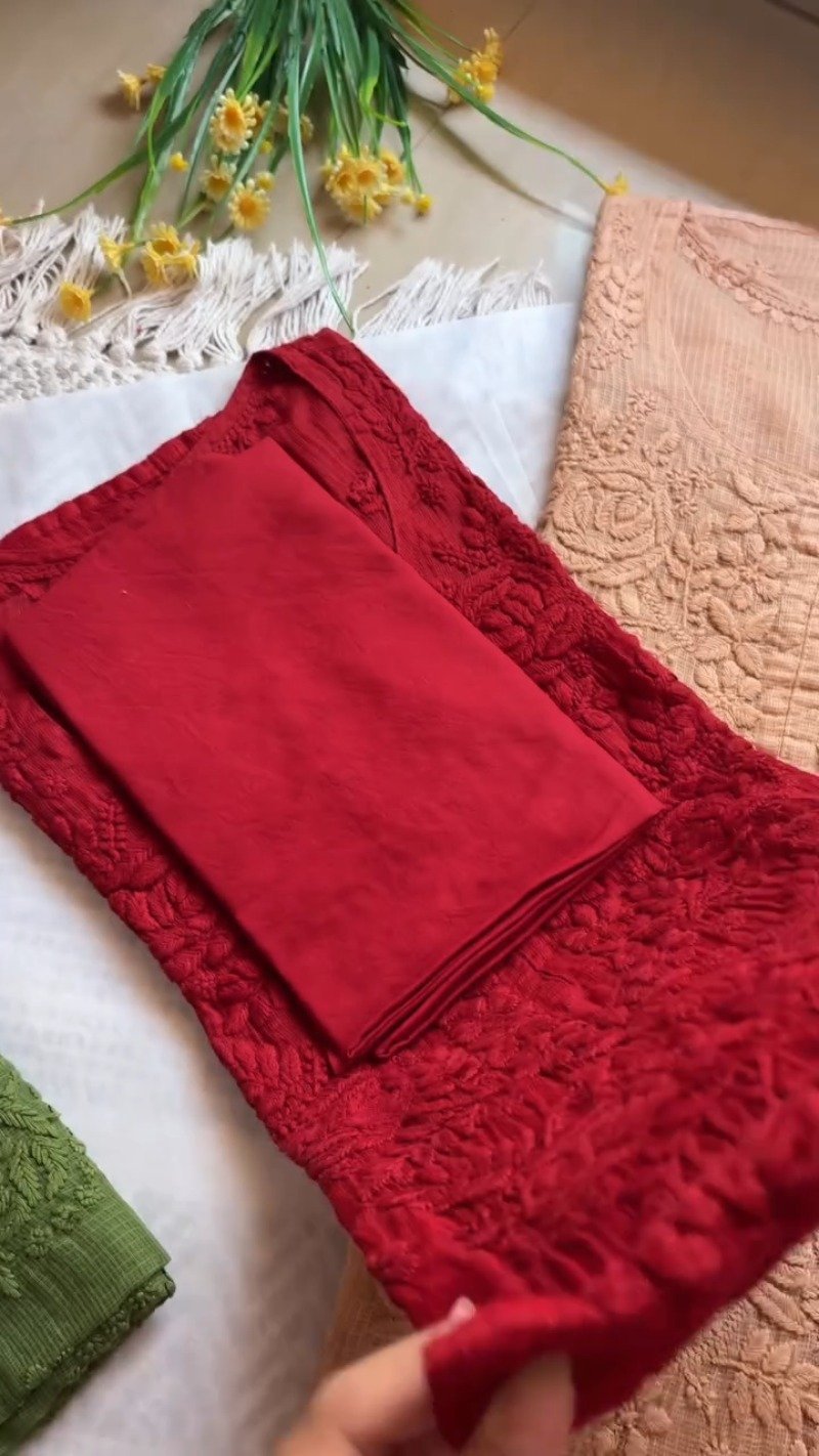 Exquisite Hand-Embroidered Chikan Work Kurta Set – Available in Olive, Crimson, Orchid, Peach & Rose Pink - Image 2