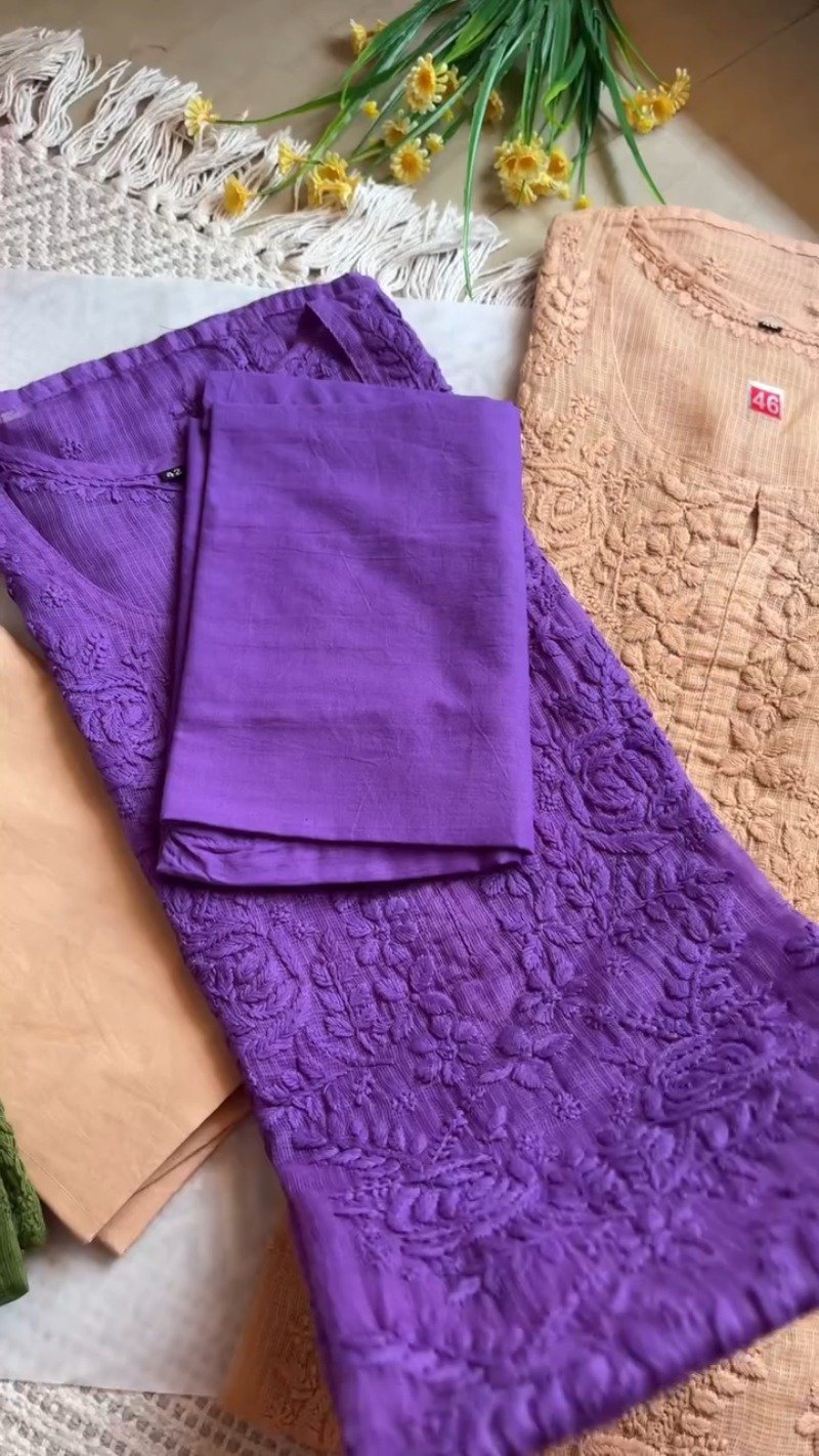 Exquisite Hand-Embroidered Chikan Work Kurta Set – Available in Olive, Crimson, Orchid, Peach & Rose Pink - Image 3