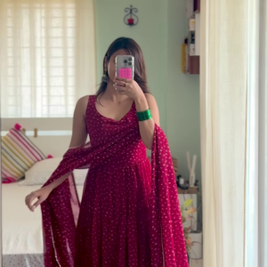 Wine Radiance: Bandhani Print Georgette Anarkali Gown