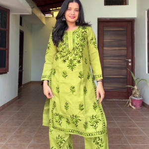 Olive Meadow: Hand-Embroidered Cotton Kurti & Pant Set