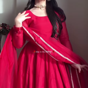 Crimson Blossom: Embroidered V-Neck Cotton Kurti Set
