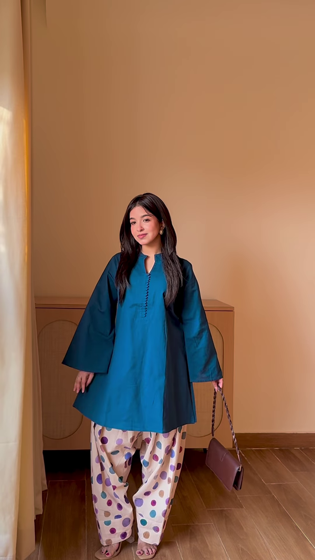 Peacock Elegance: A-Line Kurti with Polka-Dot Salwar Set