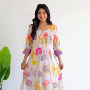 Meadow Serenade: Pleated Floral Cotton A-Line Suit Set