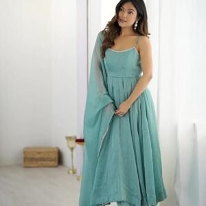 Seafoam Sparkle: Strappy Organza Festive Anarkali Set