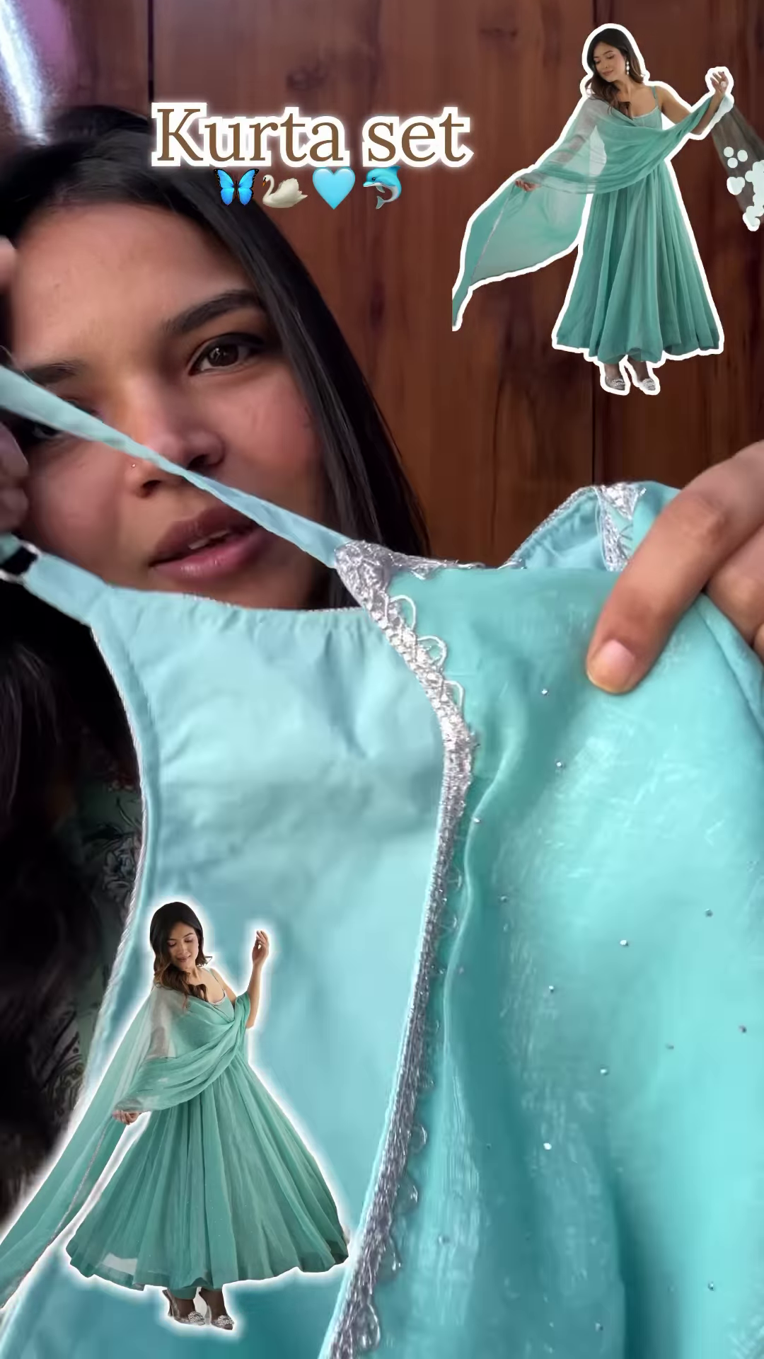 Seafoam Sparkle: Strappy Organza Festive Anarkali Set - Image 4