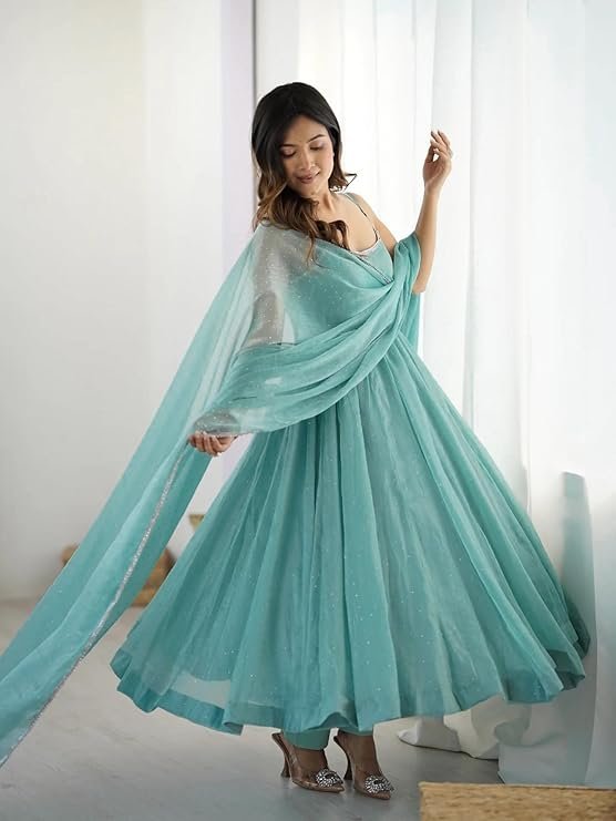 Seafoam Sparkle: Strappy Organza Festive Anarkali Set - Image 2