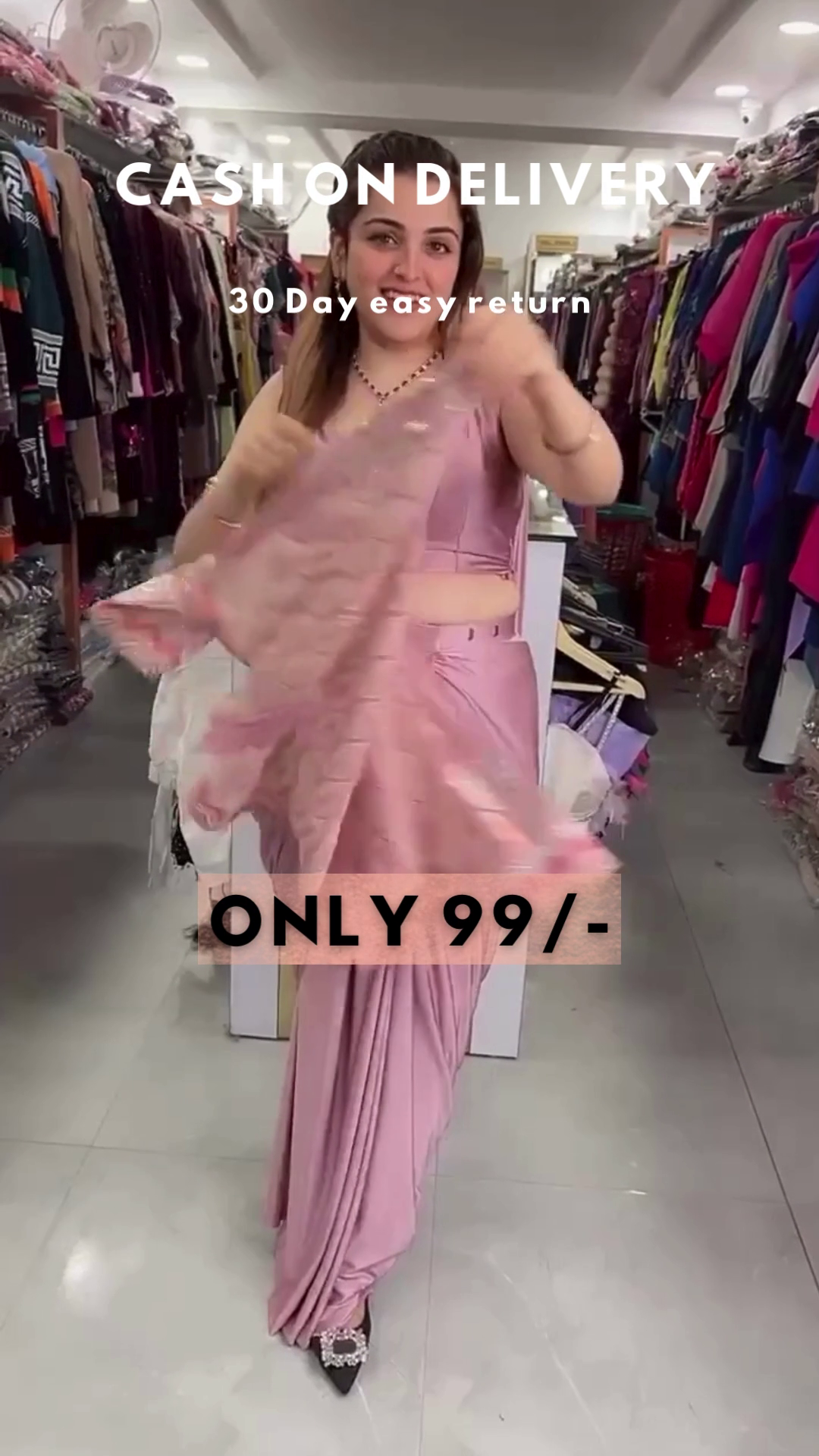 Lavender Frost: Pre-Stitched Satin Cocktail Saree Set - Image 5