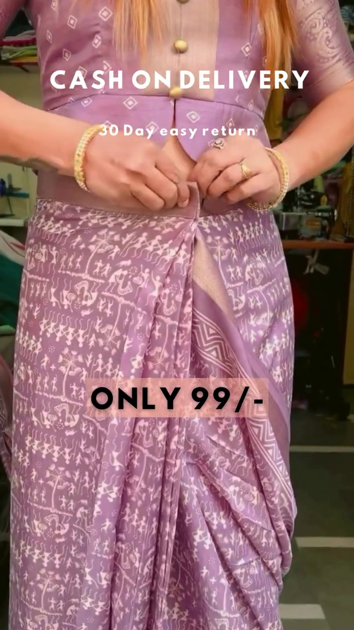 Lilac Folkway: Pre-Stitched Warli Art Co-ord Saree Set - Image 3