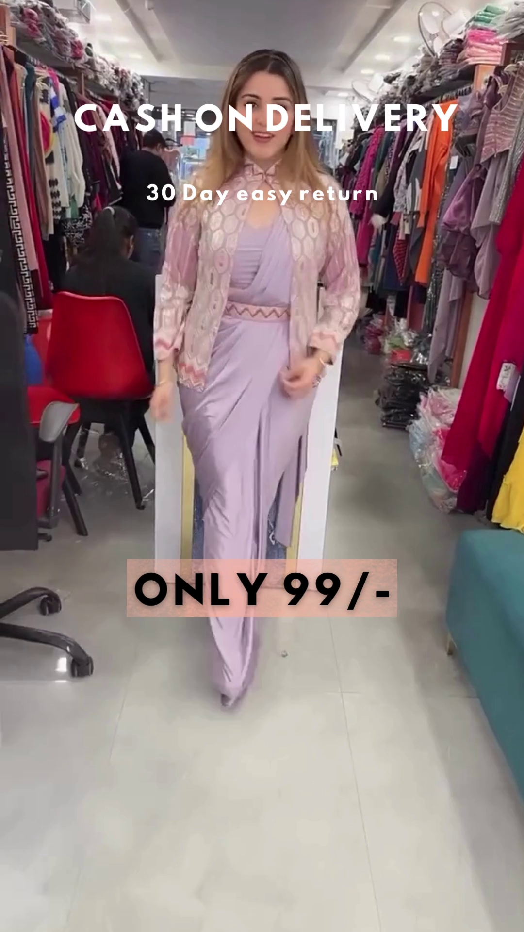 Lavender Luxe: Modern Pre-Stitched Saree with Embroidered Jacket & Belt Set